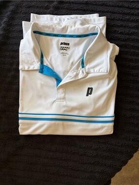 Prince White Tennis Polo with Blue Trim and Chest Logo